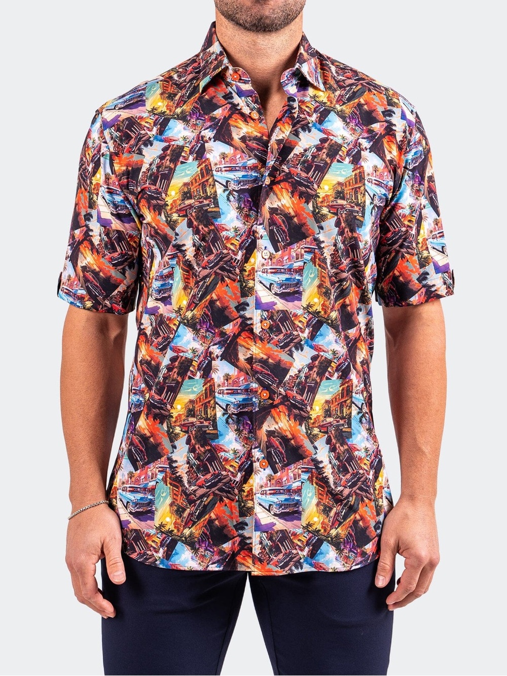 NEW Maceoo Galileo Resistance 0345 Vintage Car Print Short Sleeve Button Up 4 L